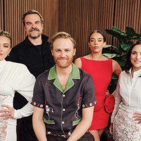 The cast of Marvel Studios’ Thunderbolts* The New Avengers are seen at the recent Cinema Con in Las Vegas: from left to right, Florence Pugh (Yelena Belova), David Harbour (Alexei Shostakov/Red Guardian), Wyatt Russell (John Walker/U.S. Agent), Hannah John-Kamen (Ava Starr/Ghost), and Julia Louis-Dreyfus (Valentina Allegra De Fontaine).