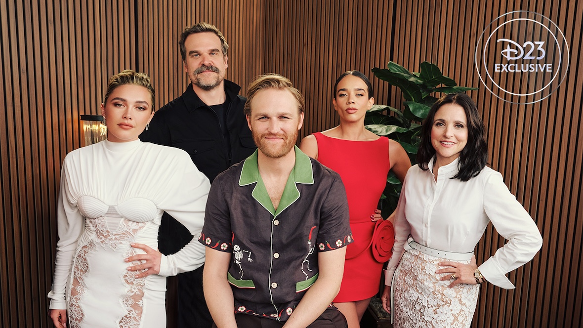 The cast of Marvel Studios’ Thunderbolts* The New Avengers are seen at the recent Cinema Con in Las Vegas: from left to right, Florence Pugh (Yelena Belova), David Harbour (Alexei Shostakov/Red Guardian), Wyatt Russell (John Walker/U.S. Agent), Hannah John-Kamen (Ava Starr/Ghost), and Julia Louis-Dreyfus (Valentina Allegra De Fontaine).