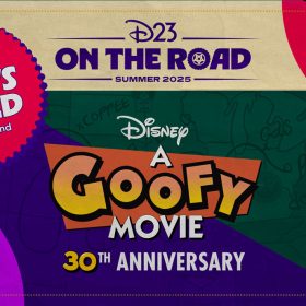 A vibrant promotional image celebrating the 30th anniversary of Disneys A Goofy Movie, part of the D23 On the Road Summer 2025 series. The background features bold, colorful sections in purple, green, red, and tan, evoking the playful energy of a cross-country adventure. Scattered across the image are road trip themed patches referencing memorable movie locations such as Lesters Possum Park, Neptune Inn Rest Stop, and the Powerline World Tour 95. A Route 66-style badge featuring Goofy driving a car loaded with luggage captures the heart of the film’s father-son journey. Hand-drawn doodles of road signs and travel notes add a nostalgic, scrapbook-like feel. Centered in bold, retro lettering is the event title: “Disney A Goofy Movie – 30th Anniversary,” blending whimsy, warmth, and 1990s flair. There is a pink sticker with white text on the upper left that reads New Shows Added in Chicago and Orlando!