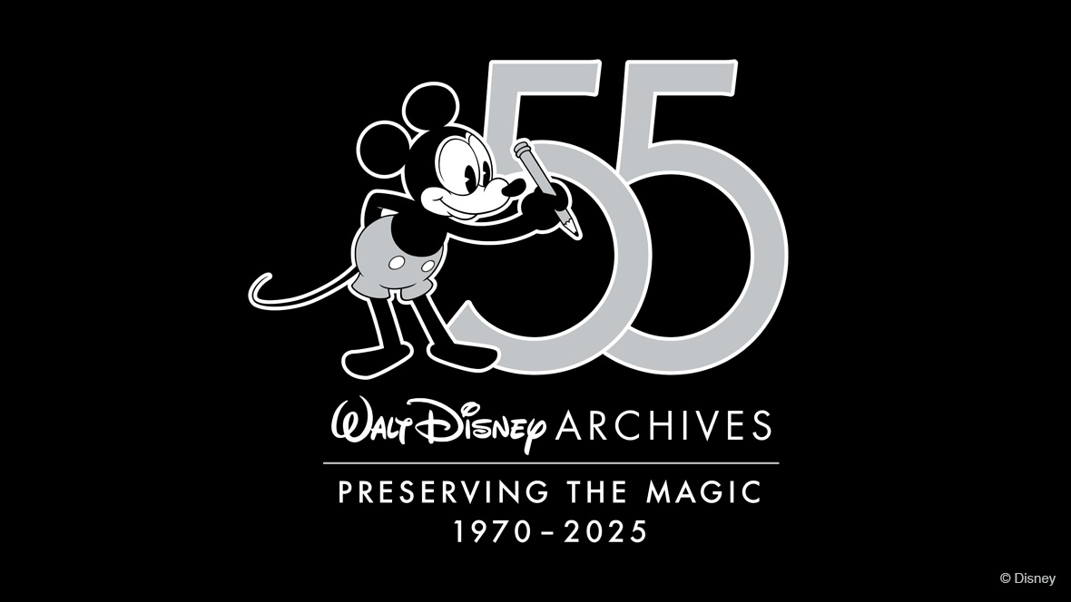 The logo for the Walt Disney Archives 55th anniversary, set on a black background, features a 1920s-era, black-and-white-style Mickey Mouse in gray shorts holding a pencil next to a large number “55” set in gray. Below these icons is a logo reading “Walt Disney Archives” in white. Below it is a white line separating the slogan “Preserving the Magic,” with “1970–2025” on the bottom line.