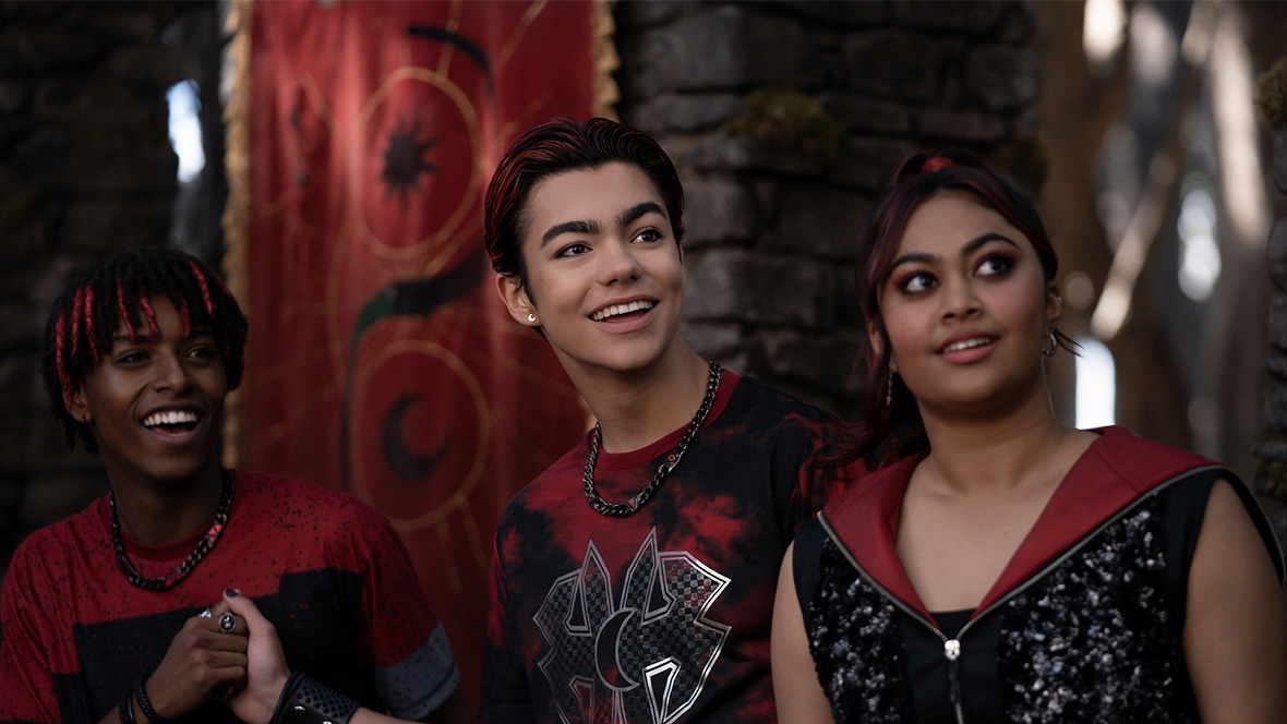 (L-R) Mekonnen Knife, Malachi Barton, and Swayam Bhatia in scene from Disney's ZOMBIES 4: Dawn of the Vampires