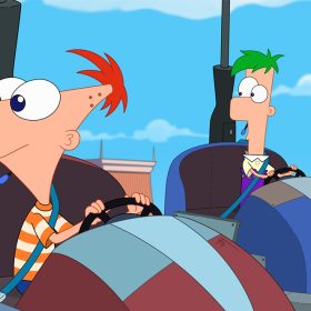 L-R) Phineas Flynn and Ferb Fletcher drive hovercars in Phineas and Ferb.