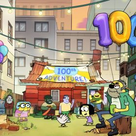 (L-R) Nancy, Cricket, Grigorian, Gramma Alice, Brett, Doug Perkins, Chicken, Tilly, Bill, Grandpa Nick, Gloria, and Jade come together to celebrate their 100th adventure in Big City Greens' 100th episode.