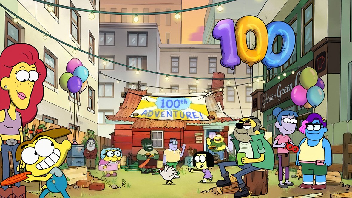 (L-R) Nancy, Cricket, Grigorian, Gramma Alice, Brett, Doug Perkins, Chicken, Tilly, Bill, Grandpa Nick, Gloria, and Jade come together to celebrate their 100th adventure in Big City Greens' 100th episode.