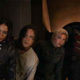 (L-R) Ghost (Hannah John-Kamen), Bob (Lewis Pullman), Yelena Belova (Florence Pugh), and John Walker (Wyatt Russell) try to escape a vault in Marvel Studios' Thunderbolts*.