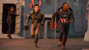 Joaquin Torres/The Falcon (Danny Ramirez) and Sam Wilson/Captain America (Anthony Mackie) race into battle in Marvel Studios' Captain America: Brave New World.