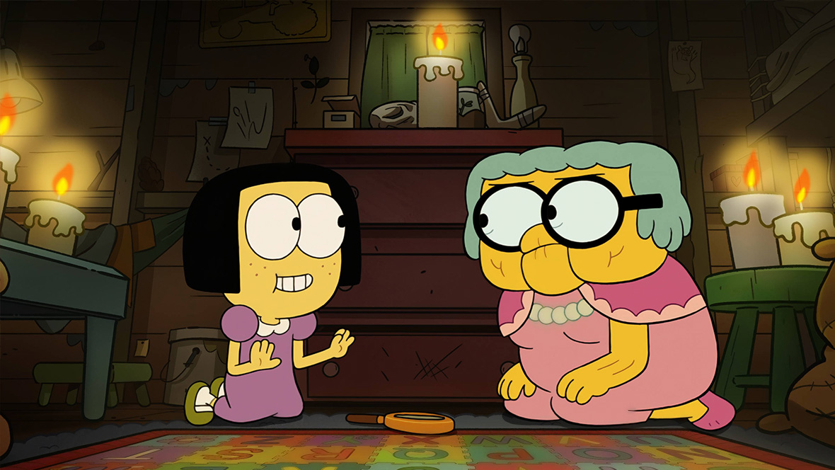 In Big City Greens' 100th episode, Tilly (left) and Gramma Alice (right) try to make contact with the spirit of Ernest "Grampa" Green.