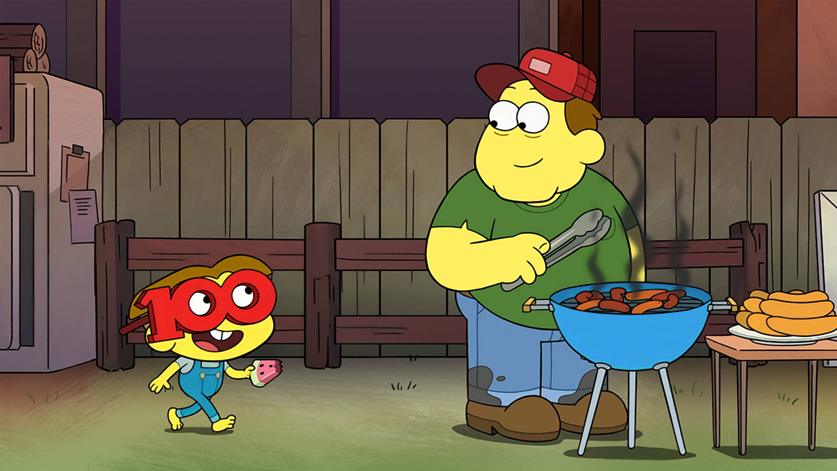 In Big City Greens' 100th episode, Cricket (left) asks Bill (right) to finish the story of his adventure.