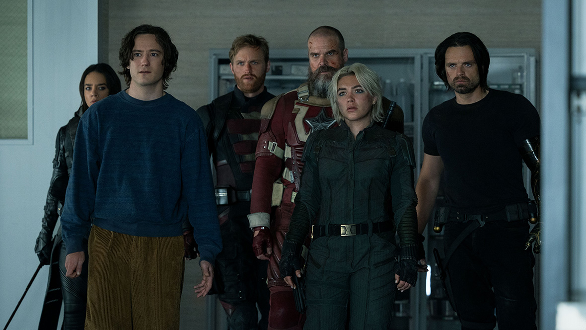 Ghost (Hannah John-Kamen), Bob (Lewis Pullman), John Walker (Wyatt Russell), Alexei Shostakov/Red Guardian (David Harbour), Yelena Belova (Florence Pugh), and Bucky Barnes (Sebastian Stan) form an unlikely team in Marvel Studios' Thunderbolts*.