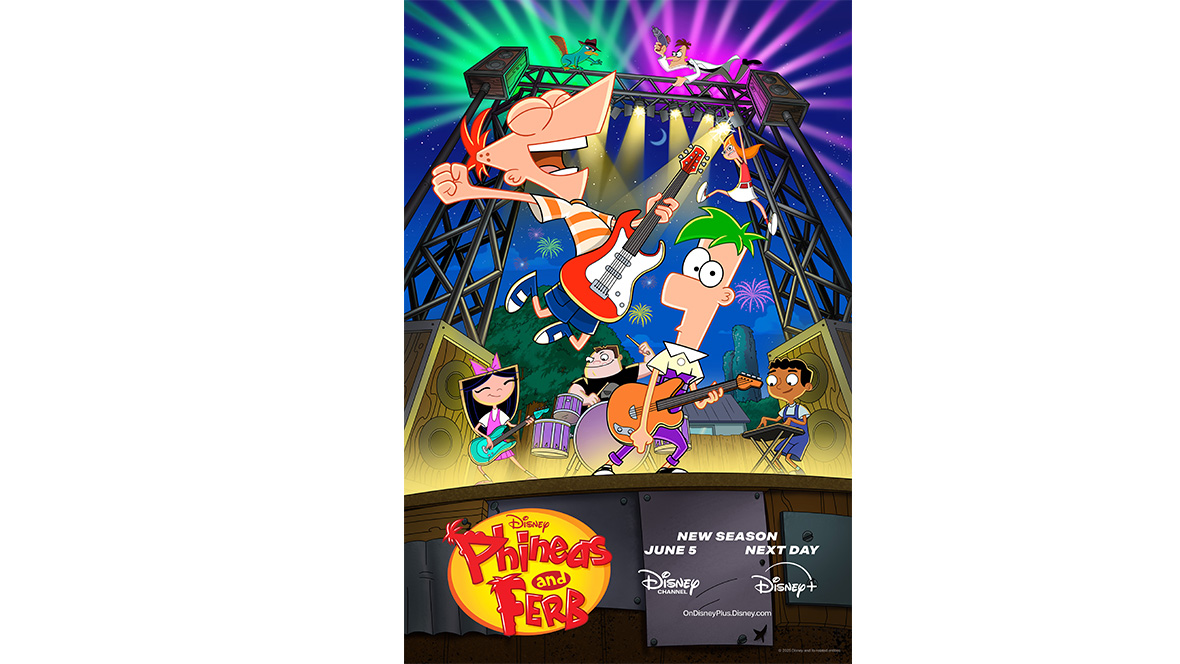Isabella Garcia-Shapiro, Phineas Flynn, Buford Van Stomm, Agent P, Ferb Fletcher, Dr. Heinz Doofenshmirtz, Candace Flynn, and Baljeet Tjinder play musical instruments onstage in key art for Phineas and Ferb, debuting June 5 on Disney Channel and Disney XD.