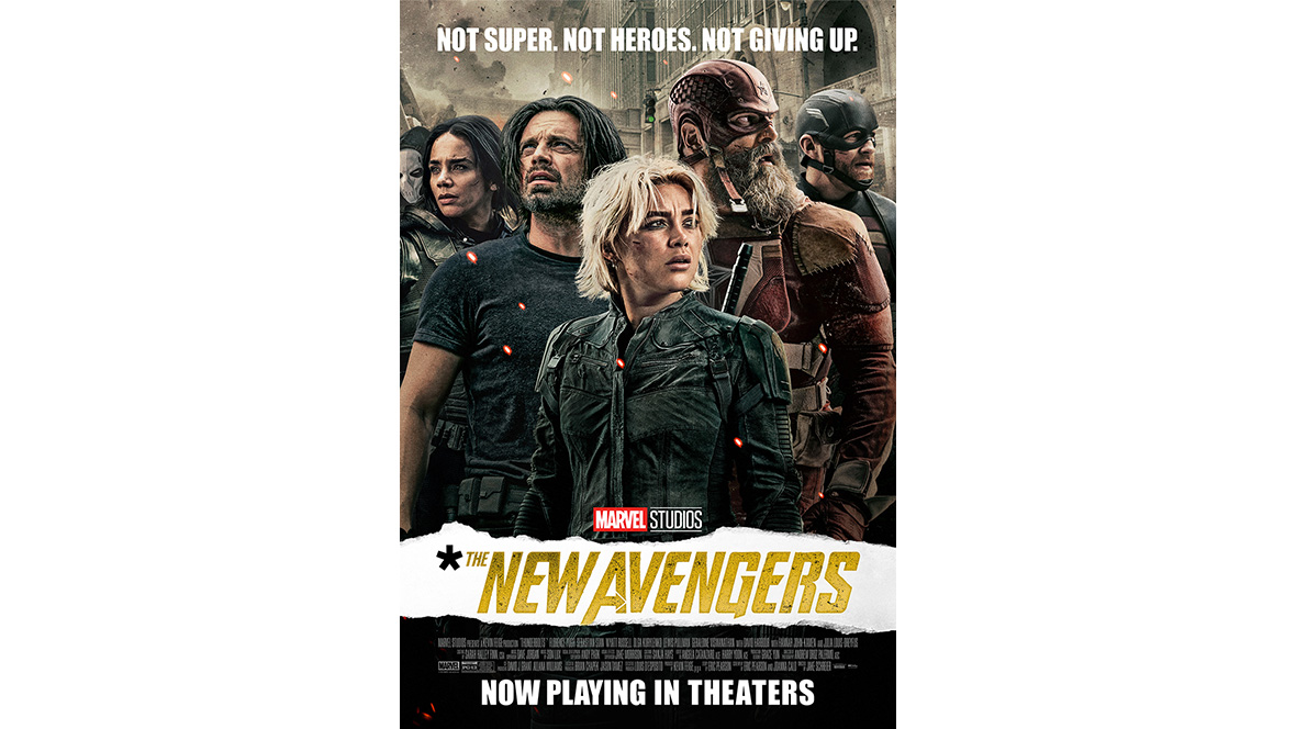 Taskmaster (Olga Kurylenko), Ghost (Hannah John-Kamen), Bucky Barnes (Sebastian Stan), Yelena Belova (Florence Pugh), Alexei Shostakov/Red Guardian (David Harbour), and John Walker (Wyatt Russell) appear in the poster for *The New Avengers.
