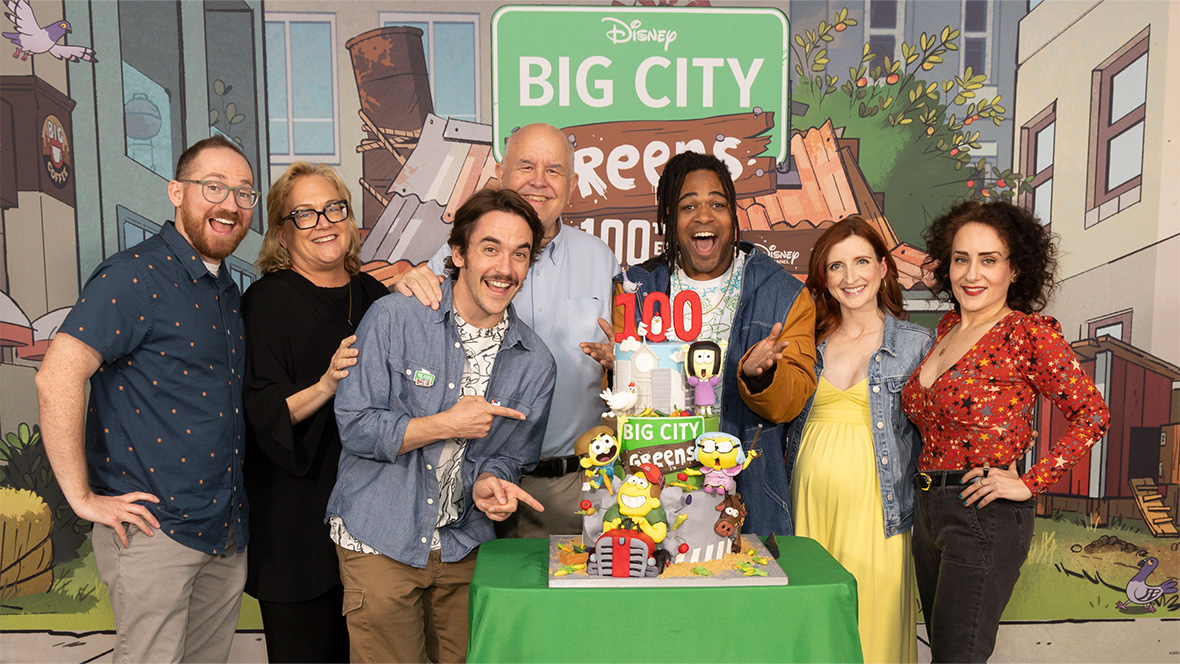 The cast and creative team of Disney Branded Television's Big City Greens — Shane Houghton, Meredith Roberts, Chris Houghton, Bob Joles, Zeno Robinson, Marieve Herington, and Artemis Pebdani — gathered to celebrate the hit animated series' 100th episode.