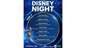 Graphic of American Idol season 23 Disney Night #1 song choices. Graphic is blue and features Stich from Lilo & Stitch dancing and wearing a yellow lei. Breanna Nix will be singing “Reflection” from Mulan. Gabby Samone is singing “How Far I’ll Go” from Moana. Jamal Roberts is singing “Go the Distance” from Hercules. John Foster is singing “Almost There” from The Princess and the Frog. Mattie Pruitt is singing “Remember Me” from Coco. Slater Nalley is singing “Can You Feel the Love Tonight” from The Lion King. Thunderstorm Artis is singing “Colors of the Wind” from Pocahontas.