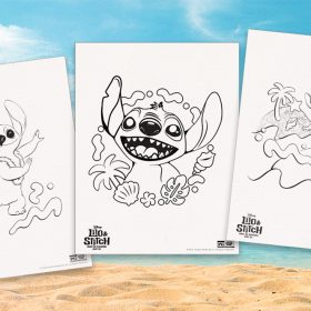 Set against a background featuring a stretch of sandy beach, the ocean, and a blue sky filled with fluffy clouds are three pages from a downloadable Lilo & Stitch activity pack—from left to right, a coloring page featuring Stitch wearing a lei and dancing hula; a coloring page featuring a closer-up image of Stitch, and a coloring page of Stitch riding a surfboard.