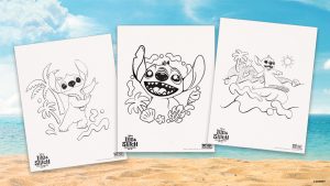 Set against a background featuring a stretch of sandy beach, the ocean, and a blue sky filled with fluffy clouds are three pages from a downloadable Lilo & Stitch activity pack—from left to right, a coloring page featuring Stitch wearing a lei and dancing hula; a coloring page featuring a closer-up image of Stitch, and a coloring page of Stitch riding a surfboard.