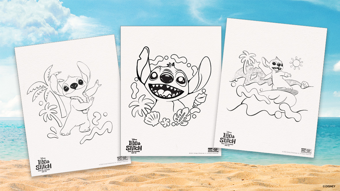 Set against a background featuring a stretch of sandy beach, the ocean, and a blue sky filled with fluffy clouds are three pages from a downloadable Lilo & Stitch activity pack—from left to right, a coloring page featuring Stitch wearing a lei and dancing hula; a coloring page featuring a closer-up image of Stitch, and a coloring page of Stitch riding a surfboard.