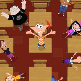 In an image from season 5 of Phineas and Ferb, Phineas, Ferb, Buford, Isabella, Baljeet, and several background characters are in a classroom and standing on desks, staring upward.