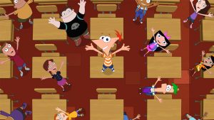 In an image from season 5 of Phineas and Ferb, Phineas, Ferb, Buford, Isabella, Baljeet, and several background characters are in a classroom and standing on desks, staring upward.