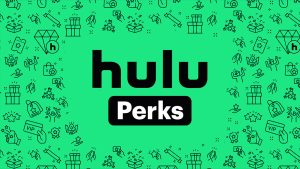 The logo for Hulu Perks appears on a background that’s green. The logo consists of the Hulu logo in black lettering with the word Perks below it, also in black. Surrounding the words are simple line drawings of items such as a wrapped gift, a hand holding a VIP pass, a diamond and many other items representing gifts and privilege.