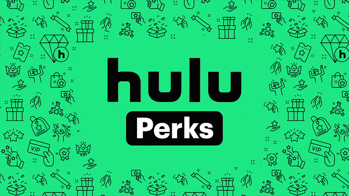 The logo for Hulu Perks appears on a background that’s green. The logo consists of the Hulu logo in black lettering with the word Perks below it, also in black. Surrounding the words are simple line drawings of items such as a wrapped gift, a hand holding a VIP pass, a diamond and many other items representing gifts and privilege.