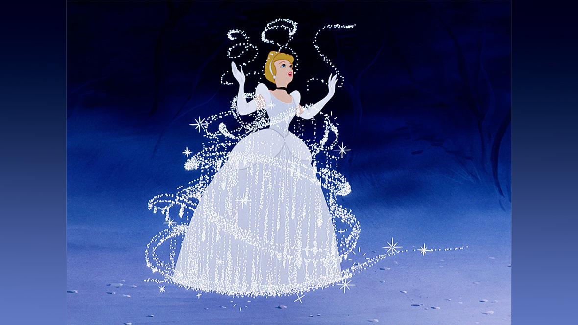 The restoration of Cinderella (1950) included correcting the color of the Disney Princess’ hair to dusty blond and her ball gown to its original silver as seen in this film still.