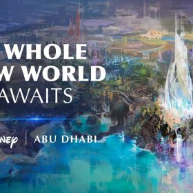 An artist’s rendering depicts the Disney theme park planned for Abu Dhabi, with a soariing crystal castle at the foreground. Text within the image reads: A Whole New World Awaits: Disney — Abu Dhabi.” At the bottom is a small text credit that reads “Artist Concept Only, copyright Disney.”