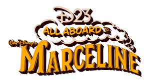 An image promoting D23’s upcoming event in Marceline, Missouri. Set against a vertical striped background, in two varying hues of red, is the D23 logo above a whimsical title treatment of the words “All Aboard to Walt Disney’s Marceline,” mean to evoke the steam coming out of a train. Under the title treatment is the date of the event: May 17, 2025.
