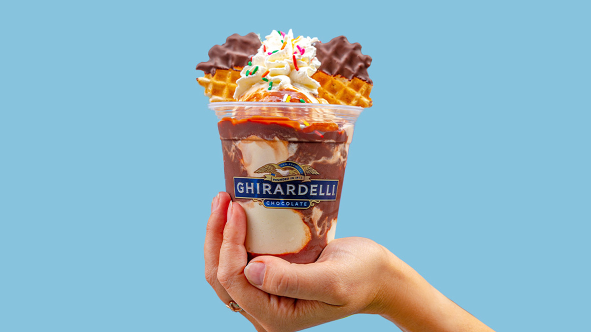 A single hand holds out a Ghirardelli ice cream cup containing vanilla ice cream blended with a generous helping of chocolate fudge syrup. Atop the ice cream are two waffle cones forming Mickey Mouse ears, with some whipped cream topped with sprinkles separating them. The hand holding the sundae is seen in front of a light blue background.