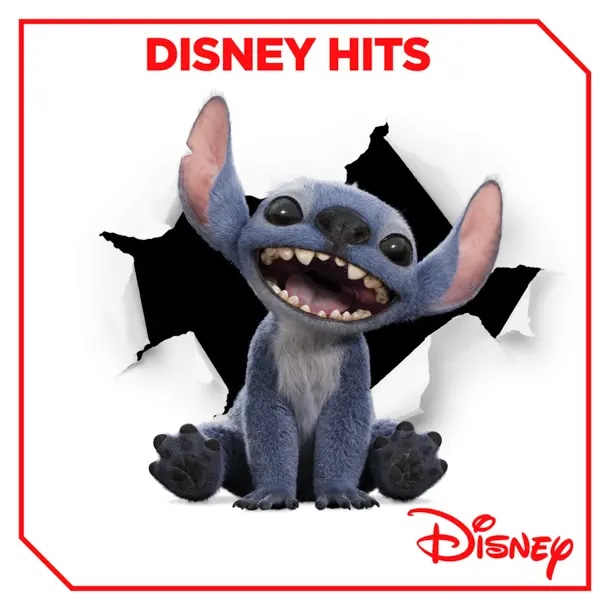 Stitch sits with a wide, toothy grin in front of a torn paper backdrop, featured as the cover art for the "Disney Hits" playlist, with the Disney logo in the bottom right corner.