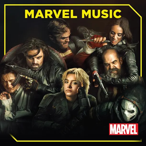 Cover art for the Marvel Music playlist featuring the main characters from Thunderbolts* the New Avengers, including Yelena, Winter Soldier, Red Guardian, Ghost, Taskmaster, U.S. Agent, and Bob, posed in a dark, gritty composition with intense expressions and dynamic lighting, framed by bold yellow accents and the Marvel logo.