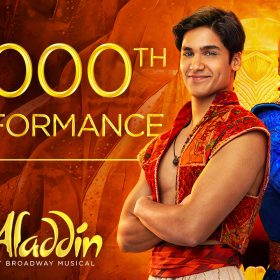 Promotional image celebrating the 4,000th performance of Disney’s Aladdin: The Hit Broadway Musical. To the right of the image, against a golden background, Adi Roy as Aladdin and Michael James Scott as the Genie stand side-by-side in their iconic costumes, smiling confidently. Large golden text on the left of the image reads “4,000th Performance” above the Aladdin on Broadway logo.