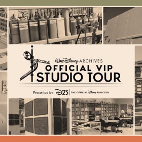 Seven black-and-white pictures are gridded together with a white box that has black text reading “Walt Disney Archives Official VIP Studio Tour Presented by D23 The Official Disney Fan Club” in the middle of the page, with the iconic Dopey Drive and Mickey Ave. street intersection time next to it. The three pictures on top include (from left to right) a water tower reading “The Walt Disney Company,” a bunch of paint bottles sitting on shelves, and the wall of a studio. The four pictures on the bottom include (from left to right) a hallway with Steamboat Willy printed on the floor, in his sailor outfit and cap holding onto a boat wheel; handprint plaques that hang on a column; an office filled with books on shelves; and back half of the “Partners” statue on the Disney Studios lot, featuring Walt Disney holding Mickey Mouse's hand, looking up at four of the Seven Dwarfs on the top of a Team Disney building.