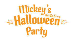Logo for Mickey’s Not-So-Scary Halloween Party features playful orange lettering with decorative flourishes. The text has a whimsical, lite spooky style, emphasizing the event’s fun and family-friendly Halloween theme.