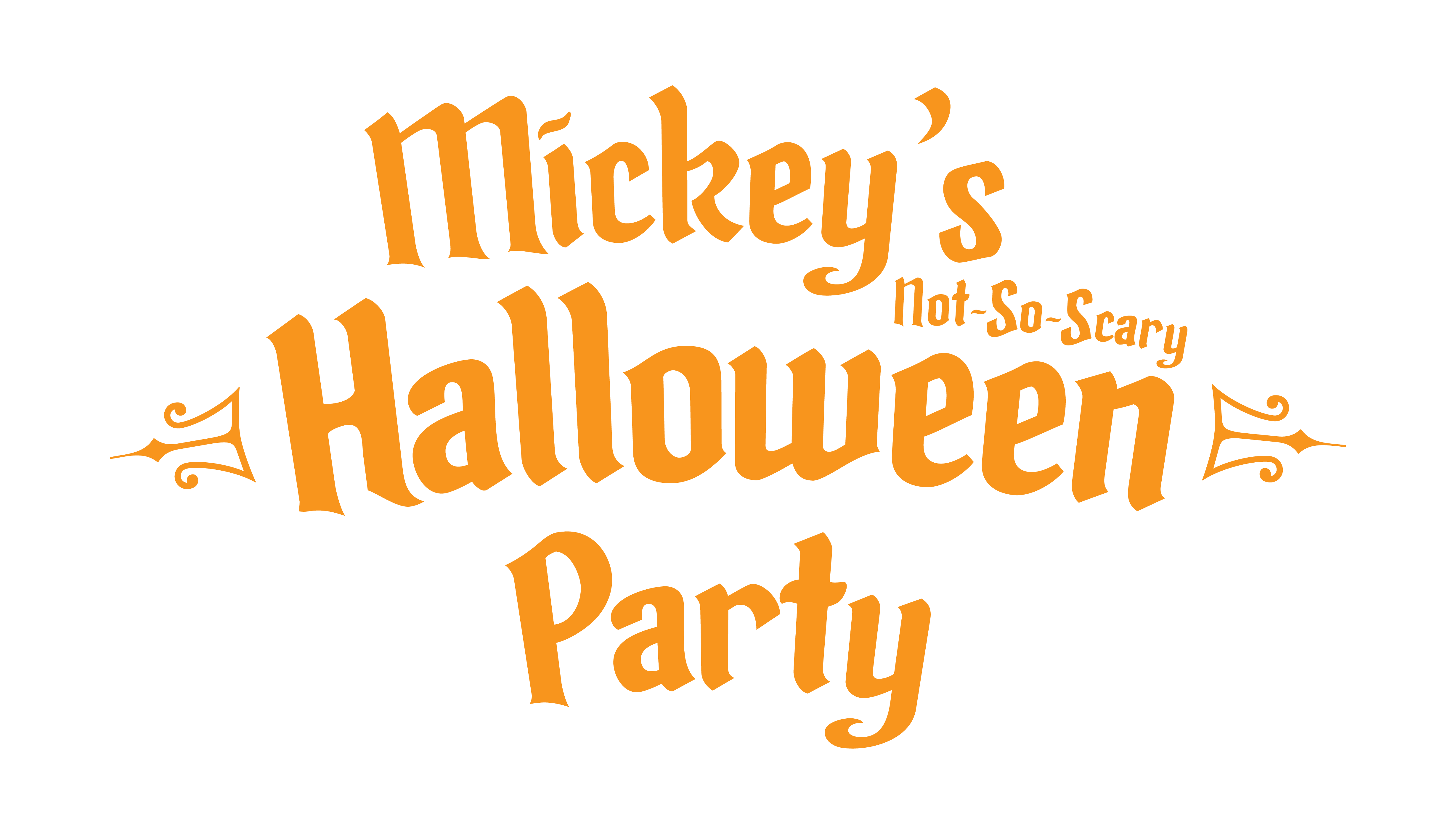 Logo for Mickey’s Not-So-Scary Halloween Party features playful orange lettering with decorative flourishes. The text has a whimsical, lite spooky style, emphasizing the event’s fun and family-friendly Halloween theme.