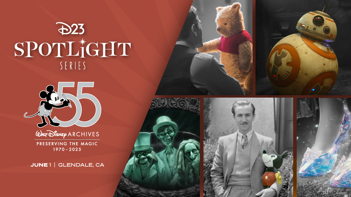 A promotional image for the D23 Spotlight Series event, “Walt Disney Archives 55th Anniversary Celebration,” taking place on June 22 at Walt Disney World Resort. The left half of the image features white text on a red background, including the D23 Spotlight Series logo and the 55th Anniversary logo of the Walt Disney Archives, which features a 1920s era Mickey raising a pencil toward a large “55”, and in thin smaller text, “Preserving the Magic 1970-2025”. Below that, text reads “June 1, Glendale, California”. The main right part of the image features a collage of black-and-white images from the Walt Disney Archives. Starting from the upper left and moving clockwise, we see a Winnie the Pooh Live-Action Reference Stand-In from Christopher Robin (2018); BB-8 from Star Wars: The Rise of Skywalker (2019); glass slippers from Cinderella (2015); Walt Disney posing with a doll of Mickey Mouse Plush Doll manufactured by Charlotte Clark (ca. 1930) at the Hyperion Avenue studio lot; and the Hitchhiking Ghosts from the Haunted Mansion attraction at Walt Disney World Resort (1971).