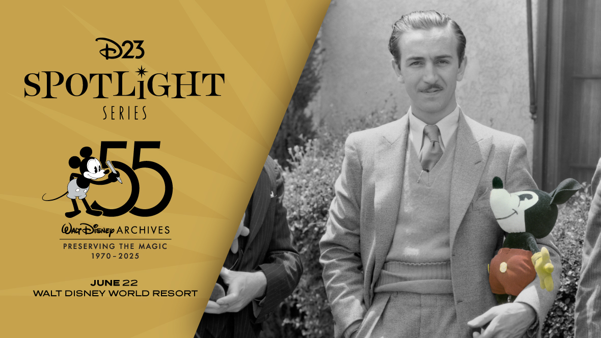 A promotional image for the D23 Spotlight Series event, “Walt Disney Archives 55th Anniversary Celebration,” taking place on June 22 at Walt Disney World Resort. The left half of the image features the D23 Spotlight Series logo on black text on a yellow background, and the 55th Anniversary logo of the Walt Disney Archives, which features a 1920s era Mickey raising a pencil towards a large “55”—and in thin smaller text, “Preserving the Magic 1970-2025.” Below that, text reads “June 22, Walt Disney World Resort.” The main part of the image, on the right, features a black-and-white photo of Walt Disney posing at the Hyperion Avenue studio lot with a Mickey Mouse plush doll manufactured by Charlotte Clark (ca. 1930). The doll has been spotlighted with a splash of colors (red, yellow, and black).