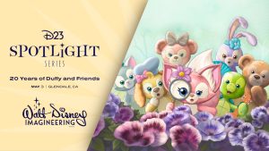 A promotional image for the D23 Spotlight Series event, celebrating '20 Years of Duffy and Friends,' taking place on May 3 in Glendale, CA, presented by Walt Disney Imagineering. The left side of the image features a teal-colored panel with elegant, bold typography displaying 'D23 Spotlight Series' with a starburst accent above the letter 'I' in 'Spotlight.' Below, the event title and location are written in vibrant pink and purple text, with the Walt Disney Imagineering logo placed at the bottom. The right side showcases a beautifully illustrated springtime scene featuring Duffy and his friends in a lush, pastel-colored garden. The characters are arranged in a semi-circle behind a bed of blooming pink and purple pansies. From left to right: Gelatoni, the artistic green cat with a beret; CookieAnn, the cheerful golden dog with a pink bow; ShellieMay, the kind-hearted bear with a beige bow; LinaBell, the curious pink fox holding a magnifying glass; StellaLou, the lavender bunny with a tutu and a flower-adorned ear; ‘Olu Mel, the laid-back green turtle with a flower behind his ear; and Duffy, the beloved teddy bear himself, smiling warmly. The soft watercolor-like art style enhances the whimsical and friendly atmosphere.
