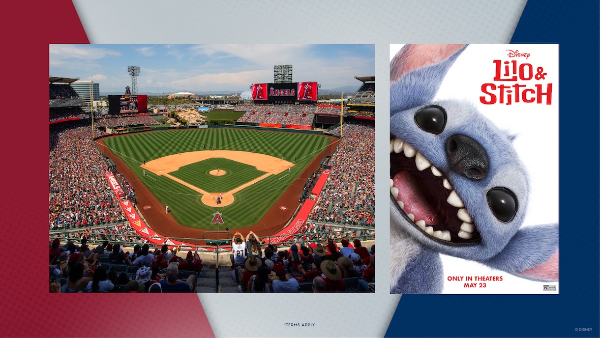 Set against a red, grey, and blue-striped background are two square images— one, on the left, of the field and stadium seating at Angel Stadium in Anaheim, California; it’s a sunny day and thousands of fans fill the seats. The Anaheim Angels logo appears on the Jumbotron to the right. At the top of this image is the logo for D23 Day at Angel Stadium. The square image to the right features a D23 prize package including a Stitch notebook, a Stitch tote bag, and a Stitch beach towel; above these items are the logo for Disney’s Lilo & Stitch, as well as the logo for Fandango. All of this is set against a dark red background.