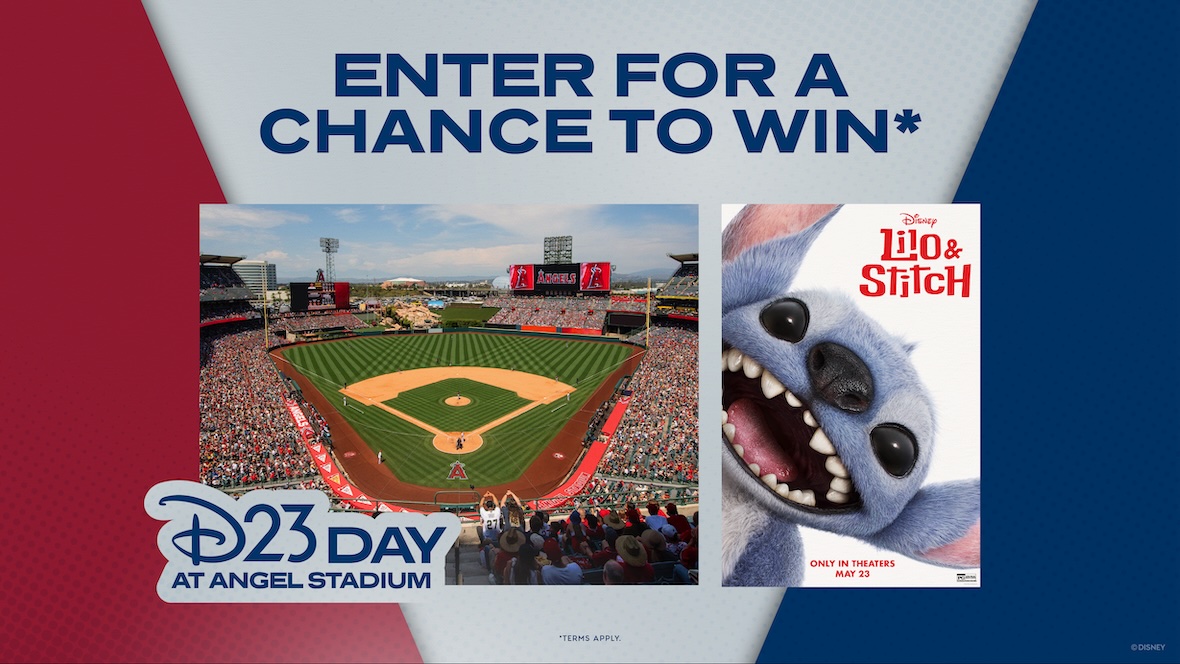 Set against a red, grey, and blue-striped background are two square images—one, on the left, of the field and stadium seating at Angel Stadium in Anaheim, California; it’s a sunny day and thousands of fans fill the seats. The Anaheim Angels logo appears on the Jumbotron to the right. The square image to the right is the poster for Disney’s live-action reimagining of Lilo & Stitch, featuring the film’s logo and a close-up image of Stitch smiling at the camera, with the words “Only in theaters May 23” seen at the bottom. Above these two square images are the words “Enter for a chance to win*,” and to the bottom left of the Angel Stadium image is a logo for D23 Day at Angel Stadium.