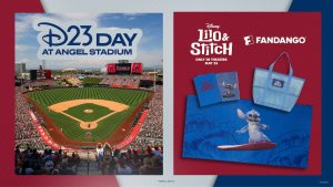 Set against a red, grey, and blue-striped background are two square images— one, on the left, of the field and stadium seating at Angel Stadium in Anaheim, California; it’s a sunny day and thousands of fans fill the seats. The Anaheim Angels logo appears on the Jumbotron to the right. At the top of this image is the logo for D23 Day at Angel Stadium. The square image to the right features a D23 prize package including a Stitch notebook, a Stitch tote bag, and a Stitch beach towel; above these items are the logo for Disney’s Lilo & Stitch, as well as the logo for Fandango. All of this is set against a dark red background.