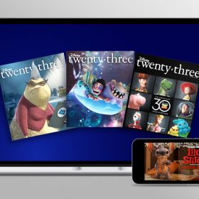 The three collectible covers of the Summer ’25 issue of Disney twenty-three, which celebrates three decades of feature filmmaking from Pixar Animation Studios: (from left to right) the iconic characters of Toy Story; fan-favorite Roz from Monsters, Inc.; and Elio and Glordon from Disney and Pixar’s latest animated adventure, Elio.