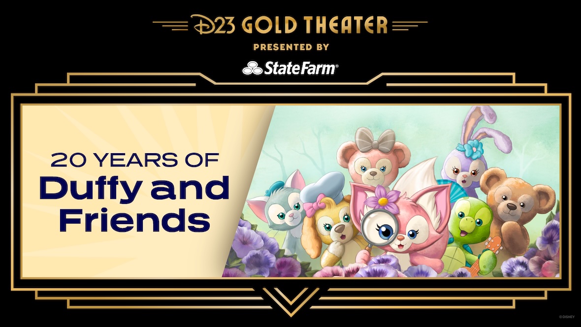 Illustrated banner for the D23 Gold Theater event celebrating 20 years of Duffy and Friends, featuring pastel artwork of Duffy, ShellieMay, Gelatoni, StellaLou, CookieAnn, Olu Mel, and LinaBell surrounded by flowers, with event branding presented by State Farm.