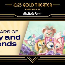 In this promotional image for D23 Gold Theater’s next virtual event in June 2025, a stylized image of a marquee reads “D23 Gold Theater Presented by StateFarm” centered at the top. Within the marquee’s frame, there’s an illustrated photo of all seven Duffy & Friends to the right. To the left, against a yellow background are the words “20 Years of Duffy and Friends.”