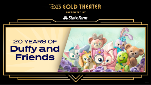 In this promotional image for D23 Gold Theater’s next virtual event in June 2025, a stylized image of a marquee reads “D23 Gold Theater Presented by StateFarm” centered at the top. Within the marquee’s frame, there’s an illustrated photo of all seven Duffy & Friends to the right. To the left, against a yellow background are the words “20 Years of Duffy and Friends.”