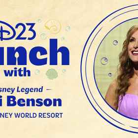 A promotional image for “D23 Lunch with Disney Legend Jodi Benson” at Walt Disney World. Artwork near “D23 Lunch with” text include drawn bubbles and seashells in a variety of pastel colors. On the right of the image is a drawn circle with a photo of Jodi Benson within the circle. Small drawn blue bubbles surround her with a light purple shell to the right.