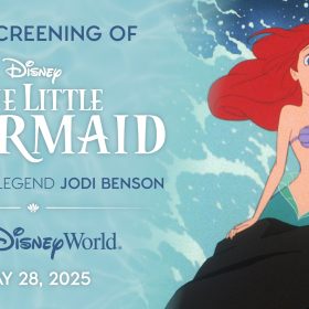 The background is a still of Ariel on a rock from The Little Mermaid. Text on the left reads: D23 Screening of Disney’s The Little Mermaid with Disney Legend Jodi Benson. Walt Disney World. May 28, 2025.