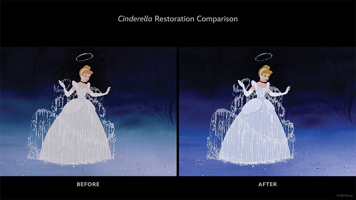 A side-by-side comparison, with the unrestored film image on the left and the restored image on the right, showcases the work of the film restoration team, which included adding back details created by the film’s original animators that had been inadvertently removed. 
