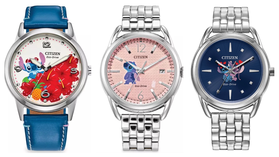In a row, from left to right, three Stitch-themed Citizen Watches with tropical, pink, and navy-blue dials.