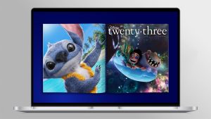 A digital spread of the Summer 2025 issue of Disney twenty-three magazine is displayed on a laptop screen, featuring Stitch on one cover and characters from Pixar’s Elio on the other, set against a bold blue background.