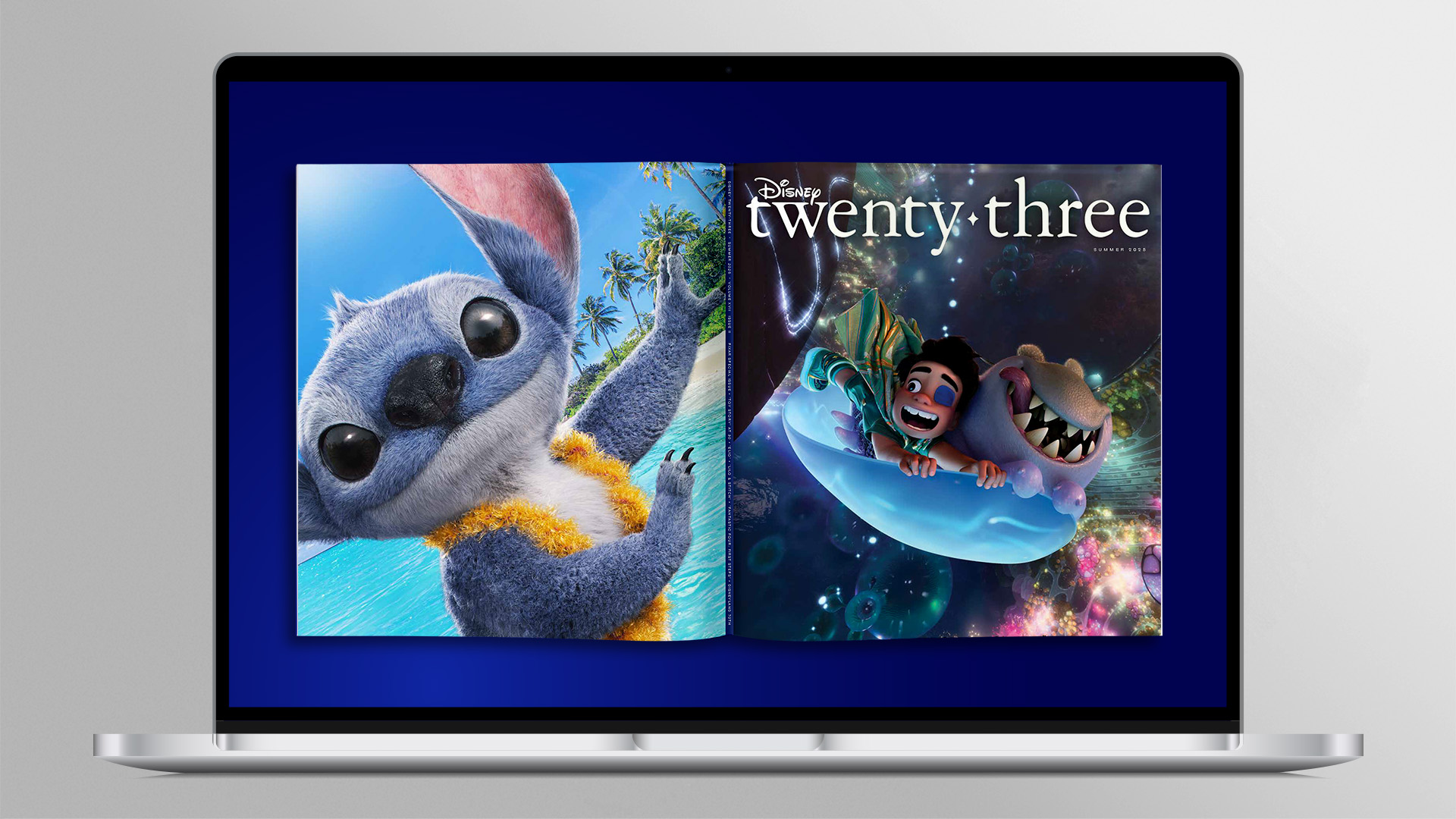 A digital spread of the Summer 2025 issue of Disney twenty-three magazine is displayed on a laptop screen, featuring Stitch on one cover and characters from Pixar’s Elio on the other, set against a bold blue background.